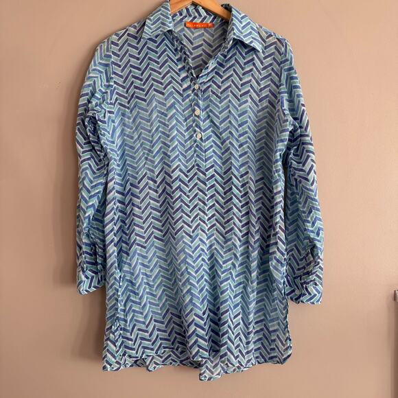 OLIPHANT Blue Chevron Print Long Sleeve Button Up Collar Tunic Shirt Cover Up M - Picture 2 of 5
